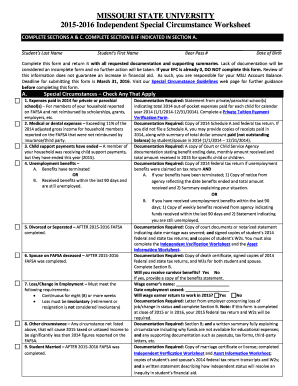 Missouri State University Independent Special Circumstance Worksheet