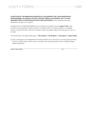 Occidental College Student Health Form