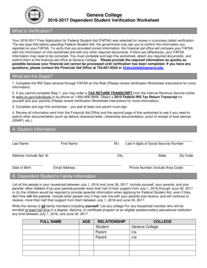 2016-2017 Dependent Student Verification Worksheet