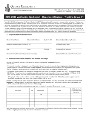 2015-2016 Verification Worksheet - Dependent Student