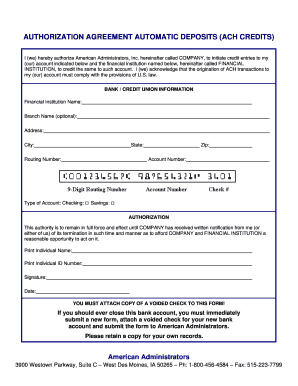 Authorization Agreement for Automatic Deposits (ACH Credits)