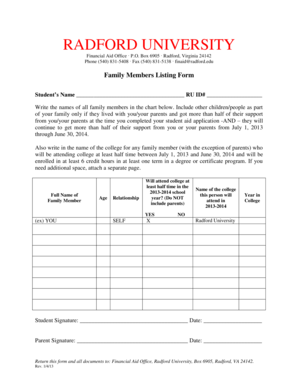 Radford University Family Members Listing Form