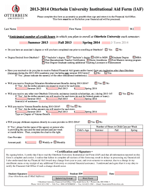 Otterbein University Institutional Aid Form