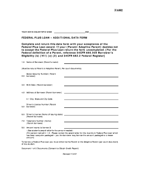 Federal PLUS Loan Additional Data Form