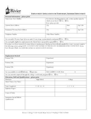 Employment Application for Temporary Summer Jobs