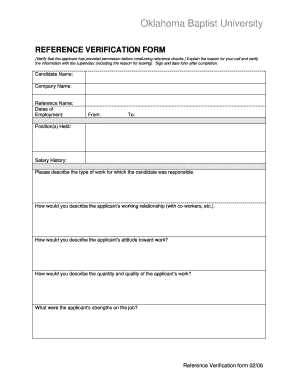Oklahoma Baptist University Reference Verification Form