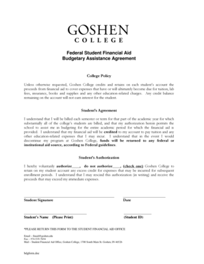 Goshen College Financial Aid Budgetary Assistance Agreement