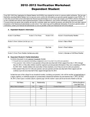 2012–2013 Verification Worksheet Dependent Student