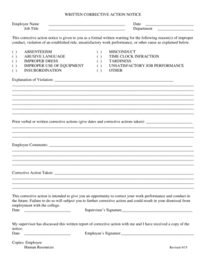 WRITTEN CORRECTIVE ACTION NOTICE - Roanoke College - roanoke