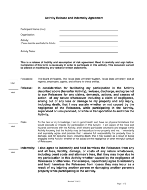 Activity Release and Indemnity Agreement