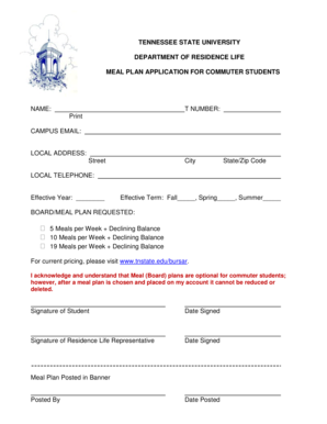 Tennessee State University Meal Plan Application