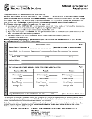 Texas Tech University Immunization Requirement Form