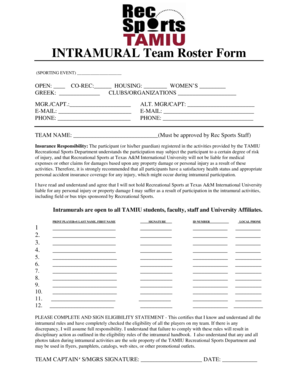Intramural Team Roster Form