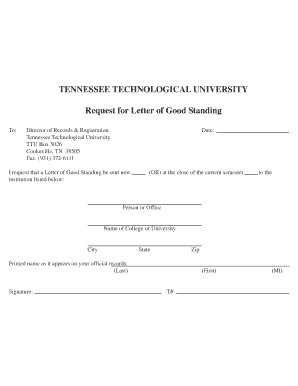Tennessee Tech Letter of Good Standing Request
