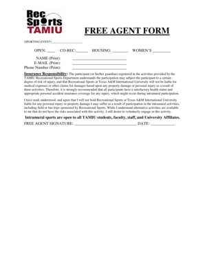 Free Agent Form for Sporting Events