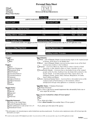 Texas University Staff Personal Data Sheet