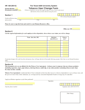 Texas A&M University System Tobacco User Change Form