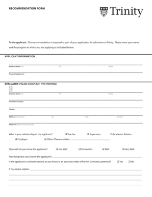 Trinity University Recommendation Form