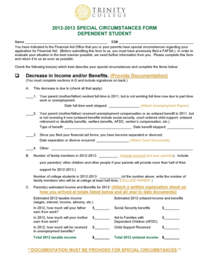 Special Circumstances Financial Aid Form
