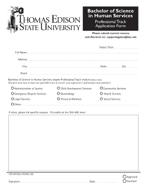 Bachelor of Science in Human Services Application Form
