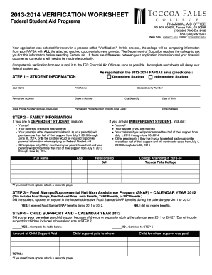 2013-2014 Verification Worksheet