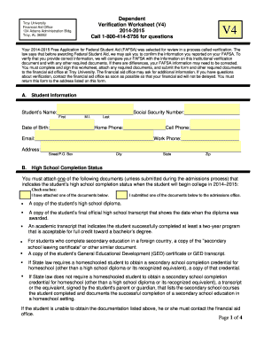Troy University Financial Aid Verification Worksheet