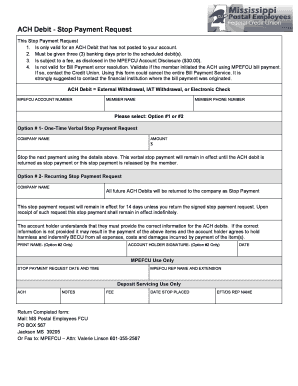 ACH Debit Stop Payment Request