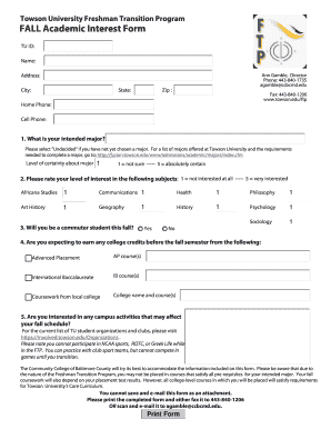 Towson University Freshman Transition Program Academic Interest Form