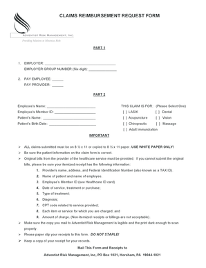 Claims Reimbursement Request Form