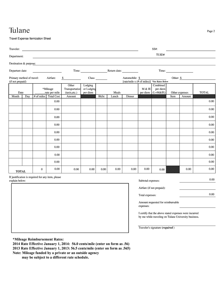 Travel Expense Itemization Sheet - Tulane University - tulane Preview on Page 1