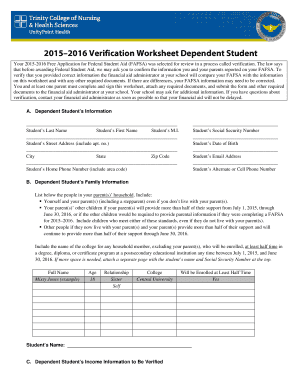 2015-2016 Verification Worksheet Dependent Student