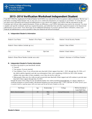 2015–2016 Verification Worksheet Independent Student