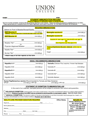 Student Immunization Record Form