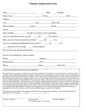 Cleveland Foodbank Volunteer Registration and Release Form