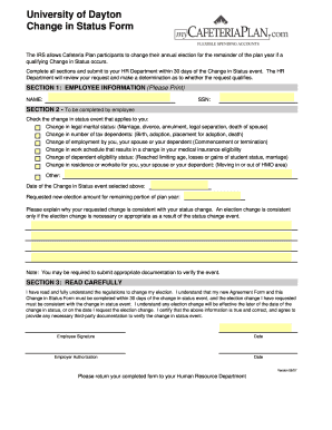 IRS Cafeteria Plan Change in Status Form