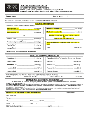 Student Immunization Record Form