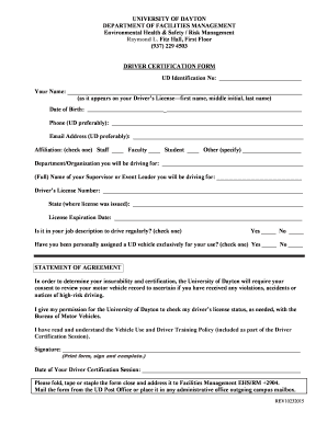 University of Dayton Driver Certification Form