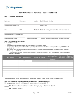 2015-16 Verification Worksheet – Dependent Student