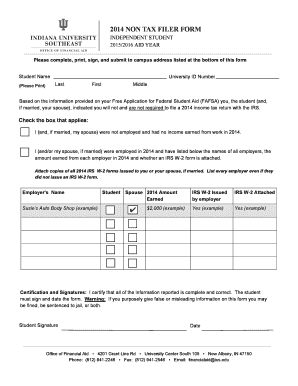 2014 Non-Tax Filer Form for Independent Students
