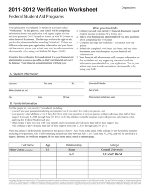 Federal Student Aid Verification Worksheet