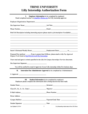 TRINE UNIVERSITY Lilly Internship Authorization Form