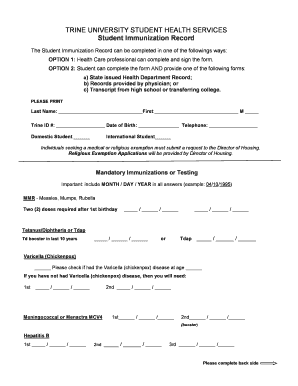 Trine University Student Immunization Record