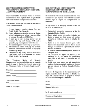 Zenith Health Care Network Workers' Compensation Acknowledgment