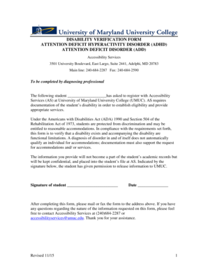 Disability Verification Form for ADHD/ADD
