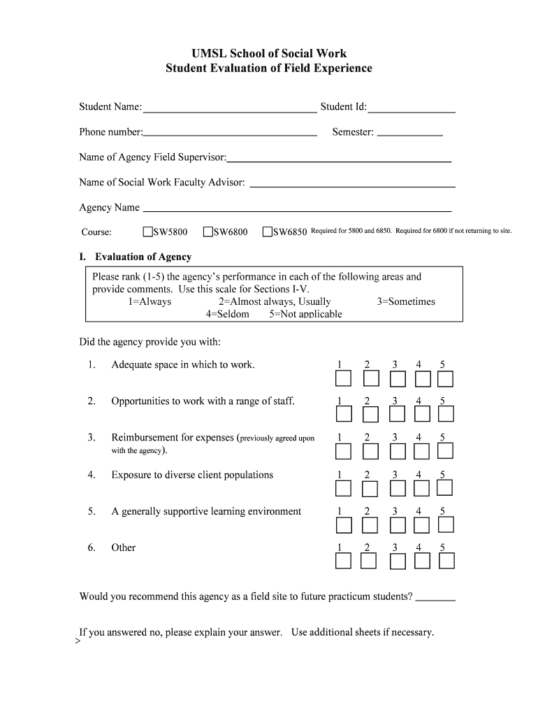 Fillable Online umsl Evaluation of Students in Field umsledu Fax Email Print pdfFiller