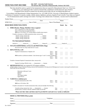 Massachusetts College Immunization Record Form