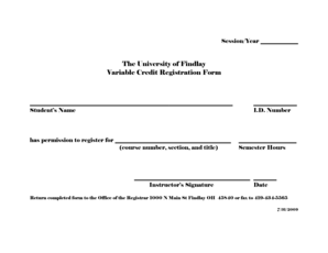 University of Findlay Variable Credit Registration Form