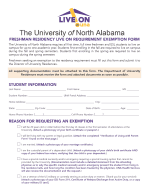 University of North Alabama Freshman Residency Exemption Form