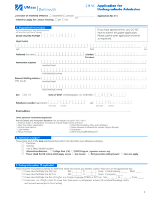 2016 Undergraduate Admission Application
