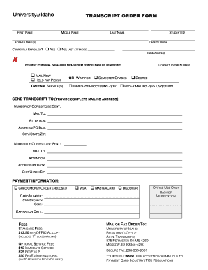 University of Idaho Transcript Order Form